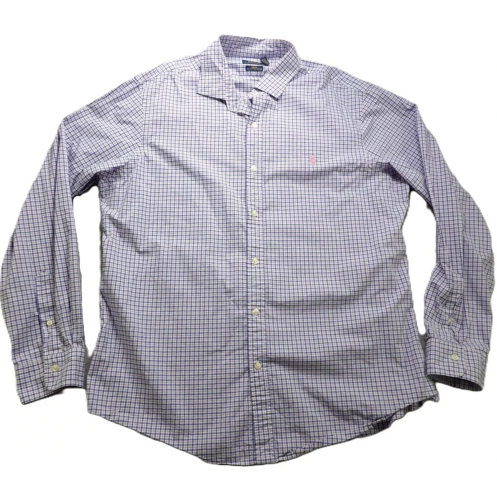 Polo Ralph Lauren Shirt Men XXL Slim Fit Plaid Check Long Sleeves Cotton Stretch
